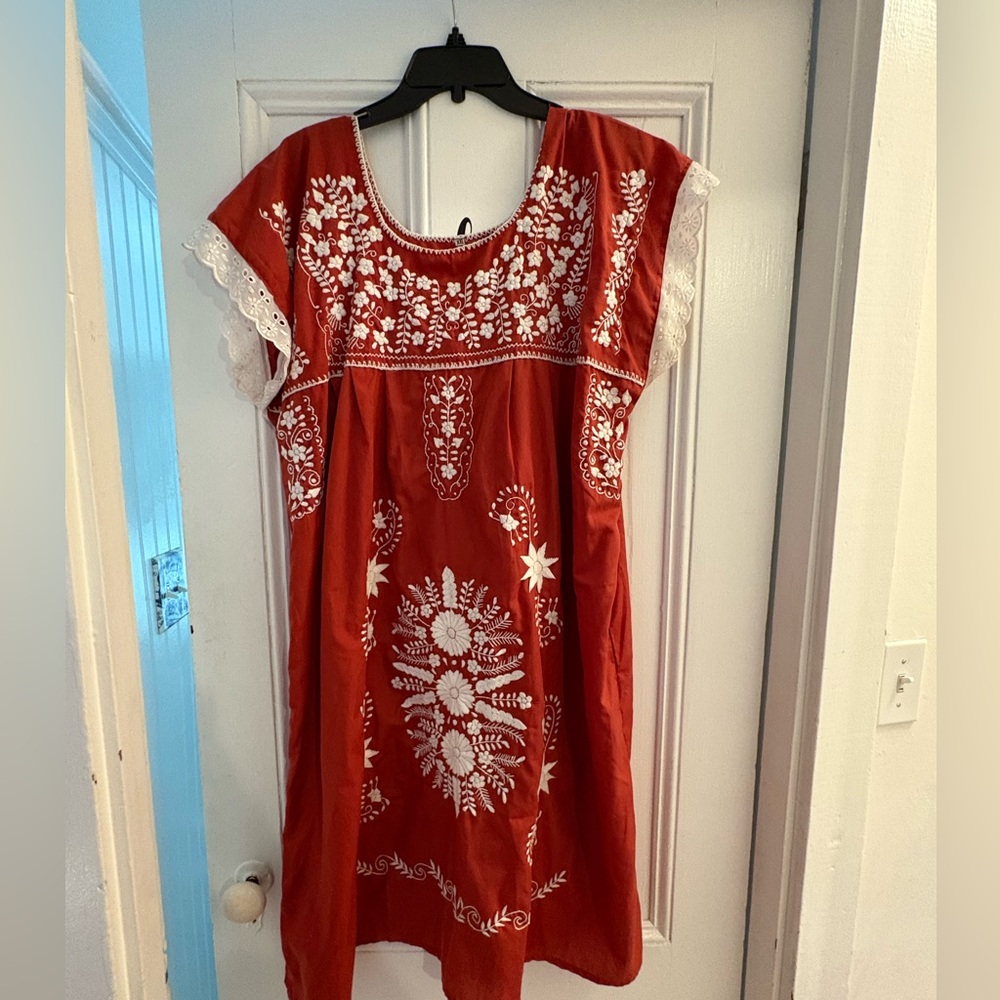 Orange Embroidered Dress with White Floral Design